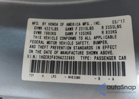 2017 Honda Accord Ex-L z USA, uszkodzony, nr VIN 1HGCR2F83HA232885